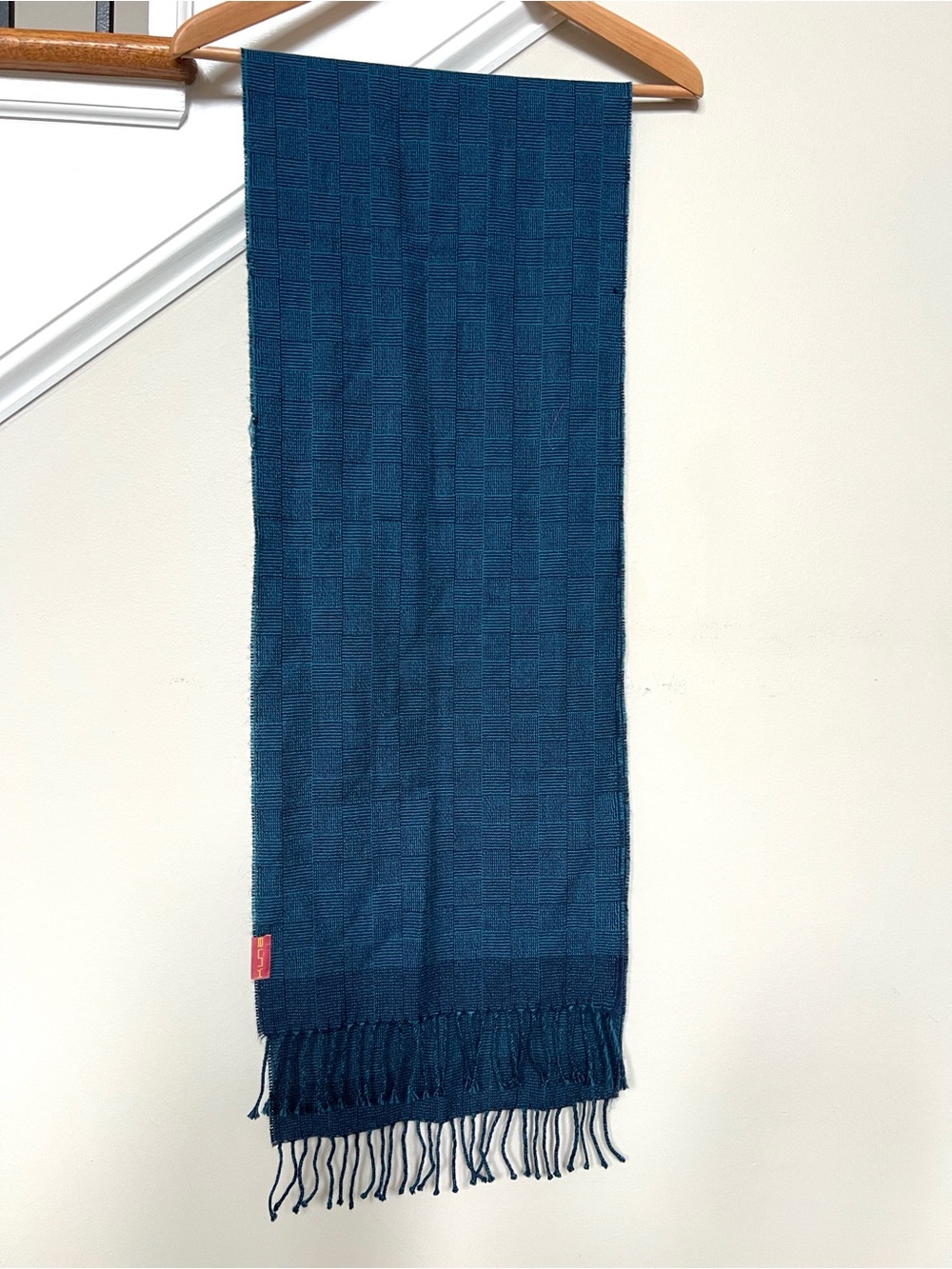 Kuna 100% Baby Alpaca Scarf Teal Black textured geo box weave Unisex Fringe